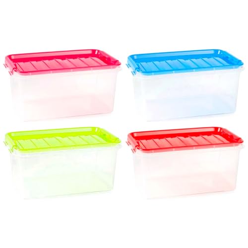 AC   Pack de 4 Cajas de ordenación de plástico Transparente con asa, Nº 26. Contenedor para almacenar Libros, Ropa, Mantas. Capacidad 8 litros. Dimensiones Aprox: 15,5 x 34 x 22,5 cm (Surt)