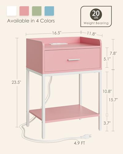 Image of Masupu Nightstand with Charging Station,3-Tier Modern Bedside Night Stand with Storage Drawer and Shelf,Small End Side Table for Bedroom,Living Room,Pink and White