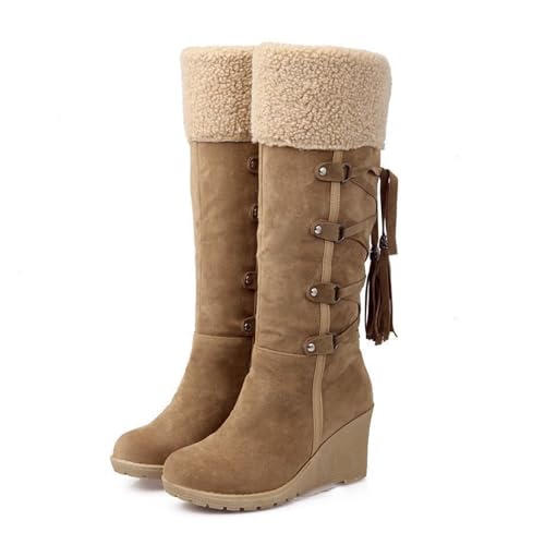 RiceelSor Women's Winter Fuzzy Collar Wedge The Knee Thigh Snow Boots Fully Fur Lined Warm Non-slip Comfortable Fringe Back Lace-Up Pull On High Boots