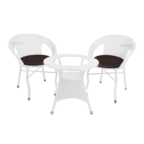 Image of BRISHI 3-Piece Outdoor Rattan Wicker Patio Coffee Table Set with Brown Cushion | Garden Furniture for Balcony, Terrace, Poolside & Porch | Waterproof Bistro Sets for Home & Backyard (White)