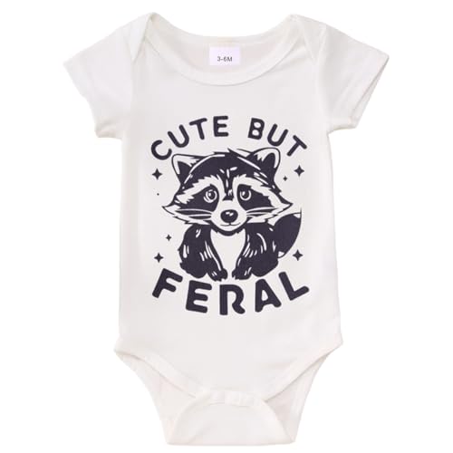 Image of MODNTOGA Infant Girl Boy Bodysuit Cute But Feral Raccoon Graphic Onesie Newborn Baby Animal Print Short Sleeve Romper Tops