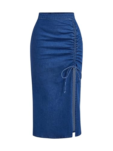 WDIRARA Women's High Waisted Drawstring Split Thigh Bodycon Midi Denim Skirt