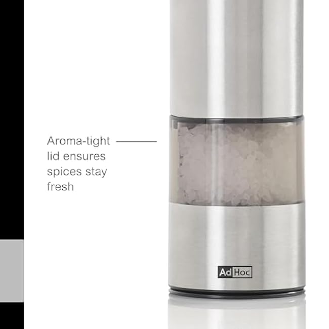 AdHoc Electric Salt & Pepper Grinder - Spice Grinder with One-Button Operation - Mill with CeraCut Ceramic Grinders - Uses SilentDrive for Quiet Operation - Battery Powered Spice Grinder - Mini