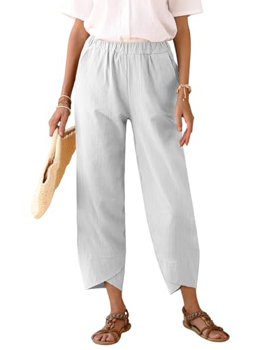 heekpek Hose Damen Sommer Leicht Baumwolle Leinen Bequeme Hohe Taille Dünne Sommerhose Damen 7/8 Weite Luftig Freizeithose, Beige, XL