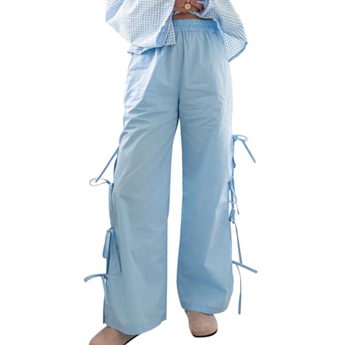 Image of Y2K Gingham Pants for Women Bow Tie Side Slit Wide Leg Lounge Bottom Plaid Checkered Loose Fit Going Out Pants