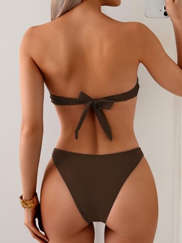 Fanuerg Women's Strapless Bandeau Bikini Sets Ring Tie Back Two Piece Swimsuit High Cut Cheeky Bathing Suits4