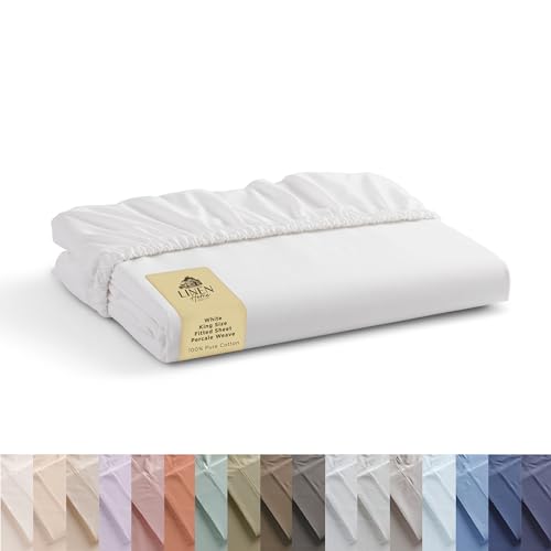 Image of Linen Home 100% Cotton Percale Weave Fitted Sheet, King Size, White, 1 Deep Pocket Fitted Sheet, Fits Mattress Upto 16" Crisp and Cool Strong Bed Linen, 78"X80"+15"