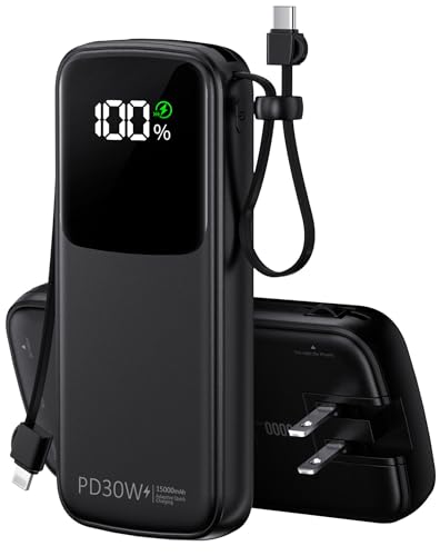UYAYOHU Portable Charger, Power Bank, 15000mAh Battery Pack Fast Charging Lightweight, Built-in AC Wall Plug and 2 Output Cables with LED Display for iPhone15 14 13 12 11 Samsung iPad etc(Deep Black)
