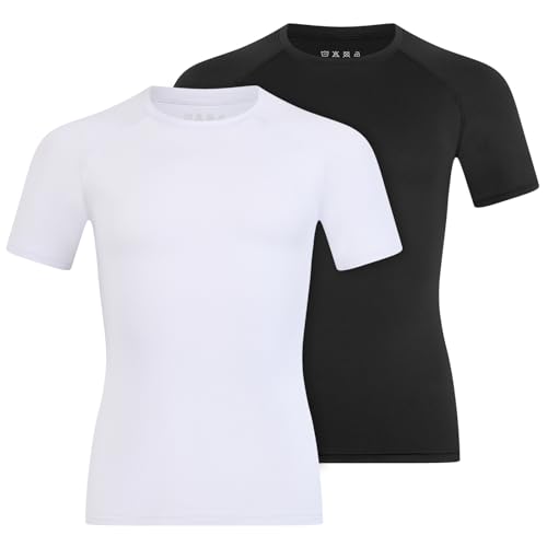 Anawakia Boys Compression Shirt Short Sleeve Youth Kids Football Basketball Baseball Undershirt Athletic T-Shirt Sports Tops (Medium 2 Pack White Black)