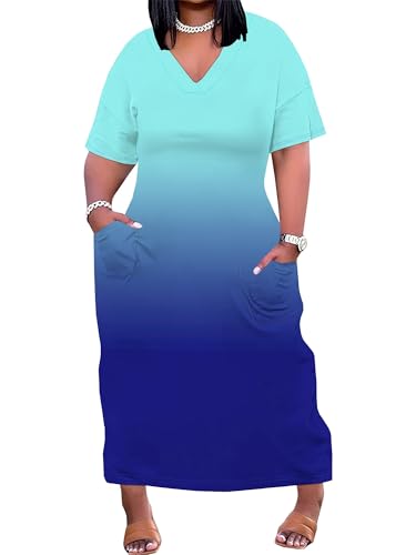 Image of SUZONANA Women Casual T-Shirt Dress V Neck Short Sleeve Solid Color Oversize Dress with Front Two Pockets