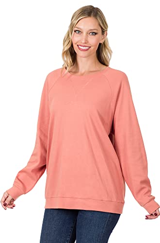 Zenana Pull en coton à manches raglan et col rond, Rose pâle, Medium
