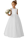 GETCUTE Sleeveless Little Girl Satin Tulle Long Girls Dresses for Wedding Party Pageant Party Prom White Dress Kids Bridesmaid Formal Evening Gown with Bow-Knot White Size 6