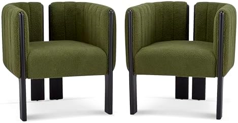 Christopher Knight Home Yusi Boucle Upholstered Dining Chairs Set of 2, Modern Wooden Dining Armchair, Curved Backrest Kitchen Side Chair, Living Room Accent Chair for Extra Seat, Black + Olive Green - Thumbnail 4