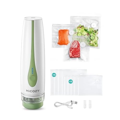 HiCOZY V1 Vacuum Sealer for Food with Visible Water Tank, Powerful Compact Handheld Vacuum Sealer Machine with LED Battery Display, 30 BPA-Free and Reusable Bags, White and Green