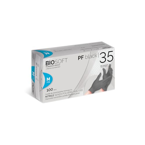 GLOVELY Guantes de nitrilo negros BIOSOFT PF Black 35 - Desechables, no estériles, sin polvo, ambidiestros, clorados internamente, ideales para uso alimentario, paquete de 1000 guantes (M, 1000,