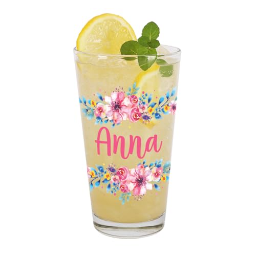 Herz & Heim® coole Sachen für Mädchen personalisiertes Glas mit Namen - Blumenmotiv Geburtstagsgeschenk für Frauen Teenager Mädchen Geschenke Trinkgläser