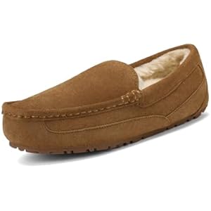 DREAM PAIRS Men's House Slippers Moccasin Indoor Outdoor Fuzzy Furry Loafers Suede Leather Warm Comfortable Shoes 8 Tan