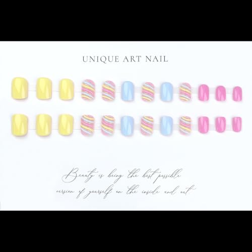 Image of 24Pcs Colorful Press on Nails Stripe Fake Nails Short Square Nail Press ons
