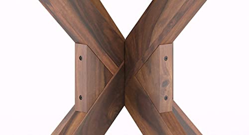 Image of Solid Sheesham Round Wooden Dining & Banquet Table Circular Pedestal Cross Base Stylish Natural Finish Compact Apartment Kitchen Cafe Restaurant Farmhouse Home Studio Office Living Room