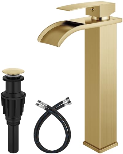 GBBNE Vessel Sink Faucet Waterfall Tall Bathroom Faucet Single Handle,Single Hole Lavatory Vanity Mixer Tap with Pop Up Drain and Supply Lines,Brushed Gold