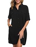 LUSMAY Women's Long Sleeve V Neck Button Down Shirt Dresses Casual Summer Dress with Pocket Black