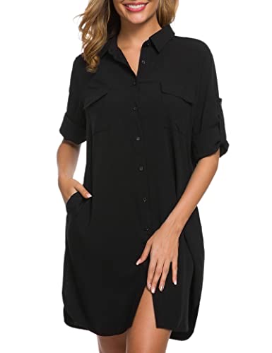 LUSMAY Women's Long Sleeve V Neck Button Down Shirt Dresses Casual Summer Dress with Pocket Black