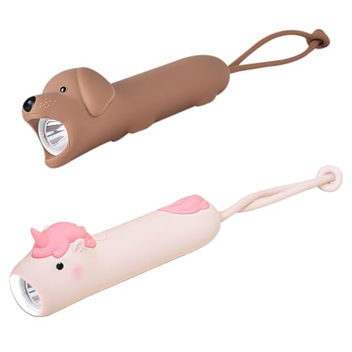 BAIFULAI Lot de 2 lampes de poche rechargeables pour enfants en silicium : à intensité variable, en silicone, avec chiot et licorne, stroboscopique portable, lampe de poche LED pour enfants à partir