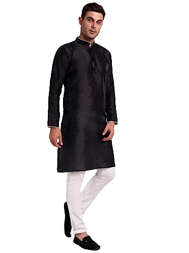 SKAVIJ Men's Art Silk Woven Design Long Kurta Mandarin Collar Straight Shirt3