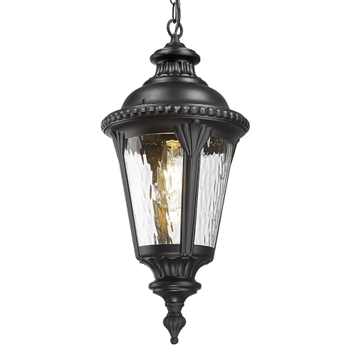Image of Emliviar 21.3 Inch Modern Hanging Light Fixture, Adjustable Black Outside Pendant Light Fixture with Water Ripple Glass Shade for Patio, XE265H-M BK-SW