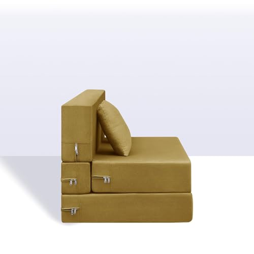 Image of Foldable 1-Seater, 3X6 Sofa Bed | Convertible Sofa Cum Bed with Cushion Jute Fabric Perfect for Living Rooms & Guest Rooms - Golden