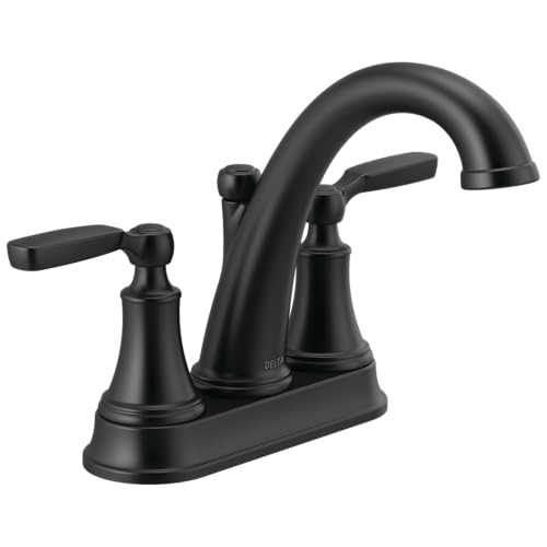 Delta Faucet Woodhurst Centerset Bathroom Faucet, Black 2-Handle Bathroom Faucet, Delta Bathroom Sink Faucet, Metal Push-Pop Drain Assembly, Matte Black 2532LF-BLMPU