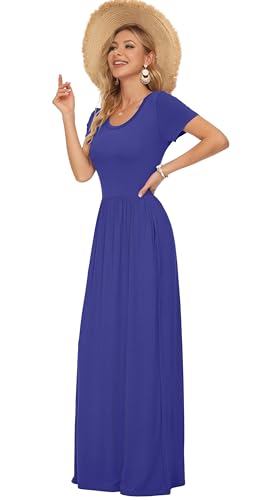 Image of AUSELILY Women's Summer Short Sleeve Loose Plain Casual Long Maxi Dresses | Year Round wear solid floral print, Casual wear, Empire waist, Floor length, Side pockets