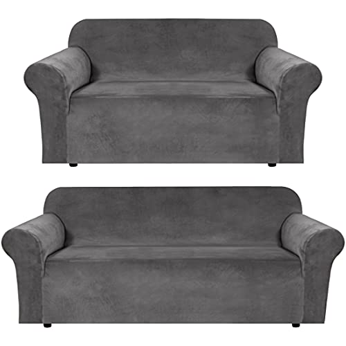 H.VERSAILTEX Velvet Stretch Sofa Cover Couch Covers Sofa Covers for 3 Cushion Couch (72"-96", Grey) Bundle Sofa Cover Loveseat Velvet Stretch Sofa Covers for 2 Cushion Couch (Chair 58"-72",