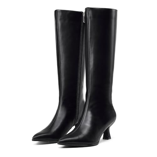 GENSHUO Knee High Boots Women Pointed Toe 2.3 Inches Kitten Heel Tall Boots Classic Fashionable Long Boots with Side Zipper Winter