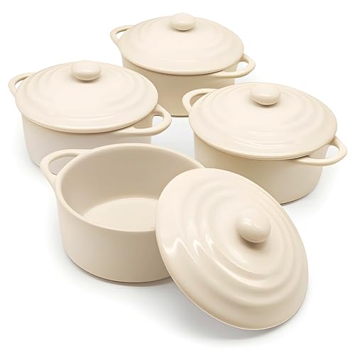 Kook Juego de mini cocotte de cerámica, cacerolas pequeñas con tapas y asas, moldes individuales para hornear, apto para horno, microondas y lavavajillas, gres, 12 onzas, juego de 4, marfil
