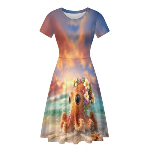 Image of Forchrinse Octopus Dresses for Women Casual Short Sleeve A Line Dress Summer Crew Neck Swing Midi Dresses Soft High Waist T Shirt Sundress for Beach Vacation Work
