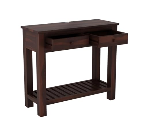 Image of Wooden Console Table for Living Room Decor | Entryway | Bedroom with 2 Storage Pull Drawer (1 Piece, Walnut Finish, 35X89X78Cm)