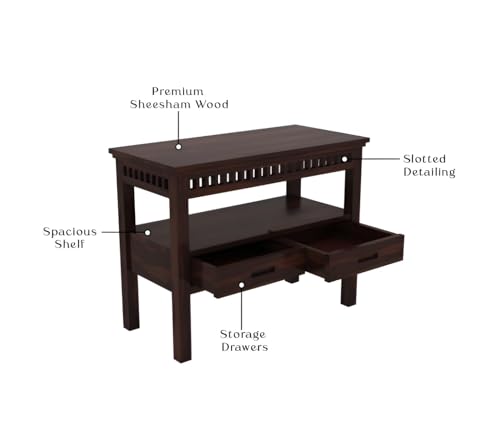Image of Sheesham Wood Console Table for Living Room | Solid Wood Entryway Hallway Sofa & Fish Tank Table with 2 Drawers & Shelf Storage | Rosewood Walnut Finish