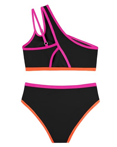 Image of Redair Girls Swimsuit Two Piece One Shoulder Bathing Suit with Chest Pad Color Block Bikini 7-16 Years