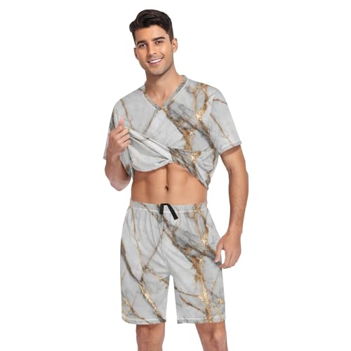Marble Print Men’s Pajama Sets Short Sleeve Lounge Wear with Elastic Waistband and Drawstring3