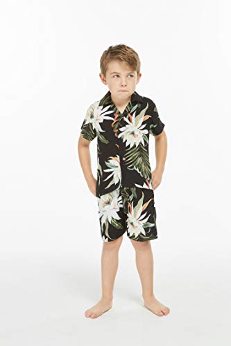Image of Family Matching Hawaiian Clothes, Wispy Cereus Black | Lightweight 100% rayon • Family matching outfits • Tropical floral print • Beach vacations • Luaus • Cruises • Family photos