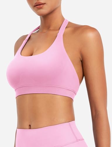 Image of YEOREO CoreFlex Women Halter Sports Bra Workout Seamless Padded Basic Bra Open Back Yoga Gym Crop Top