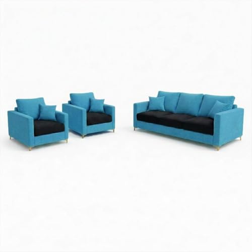 Image of Hayes Rich Velvet Suede 3+1+1 Seater Sofa Set | Golden Aesthetic Legs | Soft Touch Comfort | 5 Person Seating | Modern Living Room Set (Black-Aqua Blue)