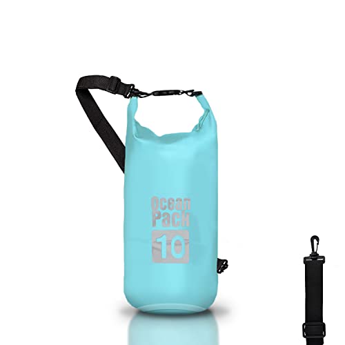 Dry Bag, Borsa Sacca Zaino Impermeabile Waterproof, chiusura a rotolo e tracolla, custodia impermeabile per cellulare e marsupio per Mare Barca Pesca Rafting Spiaggia Sport Acquatici (Light Blue, 10l)