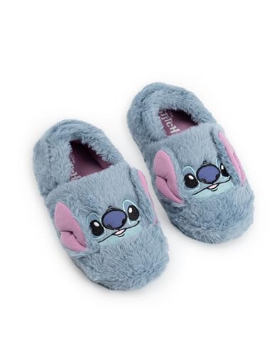 Disney Lilo & Stitch Girls Blue Slip On Loafer Slippers | Fluffy Character Face Indoor Lounging Footwear Stitch Merchandise - 4 UK Child