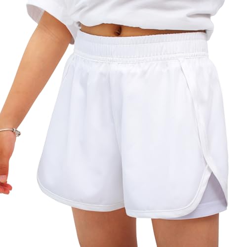 MEILONGER Bañador para niña 2 en 1, bañador para niños, corto, ligero, informal, traje de baño con pantalones interiores de compresión, cordón ajustable, 25002 Blanco, 170-176
