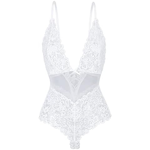 ADSEXY Women Lingerie Bodysuit Sexy Lace Teddy Chemise See Through Floral Mini Babydoll Deep V Neck Naughty One Piece White Cover