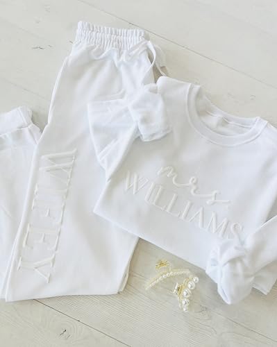 Up2ournecksinfabric - Peronalized Gift - Embossed Bridal Gift Set - Mrs. Sweatshirt - New Mrs. Set - Mrs. Sweatshirt - Wifey Sweatpants - New Mrs. - Honeymoon Outfit - New Mrs. Joggers2