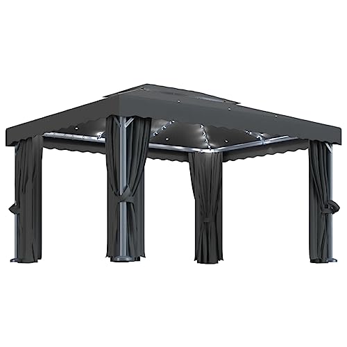 vidaXL Tonnelle avec Rideau et Guirlande Lumineuse à LED Belvédère de Jardin Pavillon d'Extérieur Tente de Réception Chapiteau Barbecue 4x3 m Anthracite