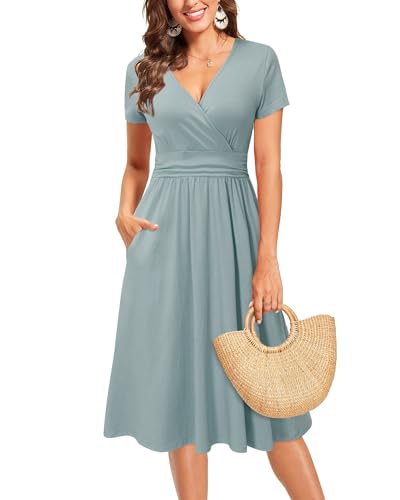 Image of OUGES Casual Summer Dress for Women Wrap V Neck A Line Midi Dresses with Pockets